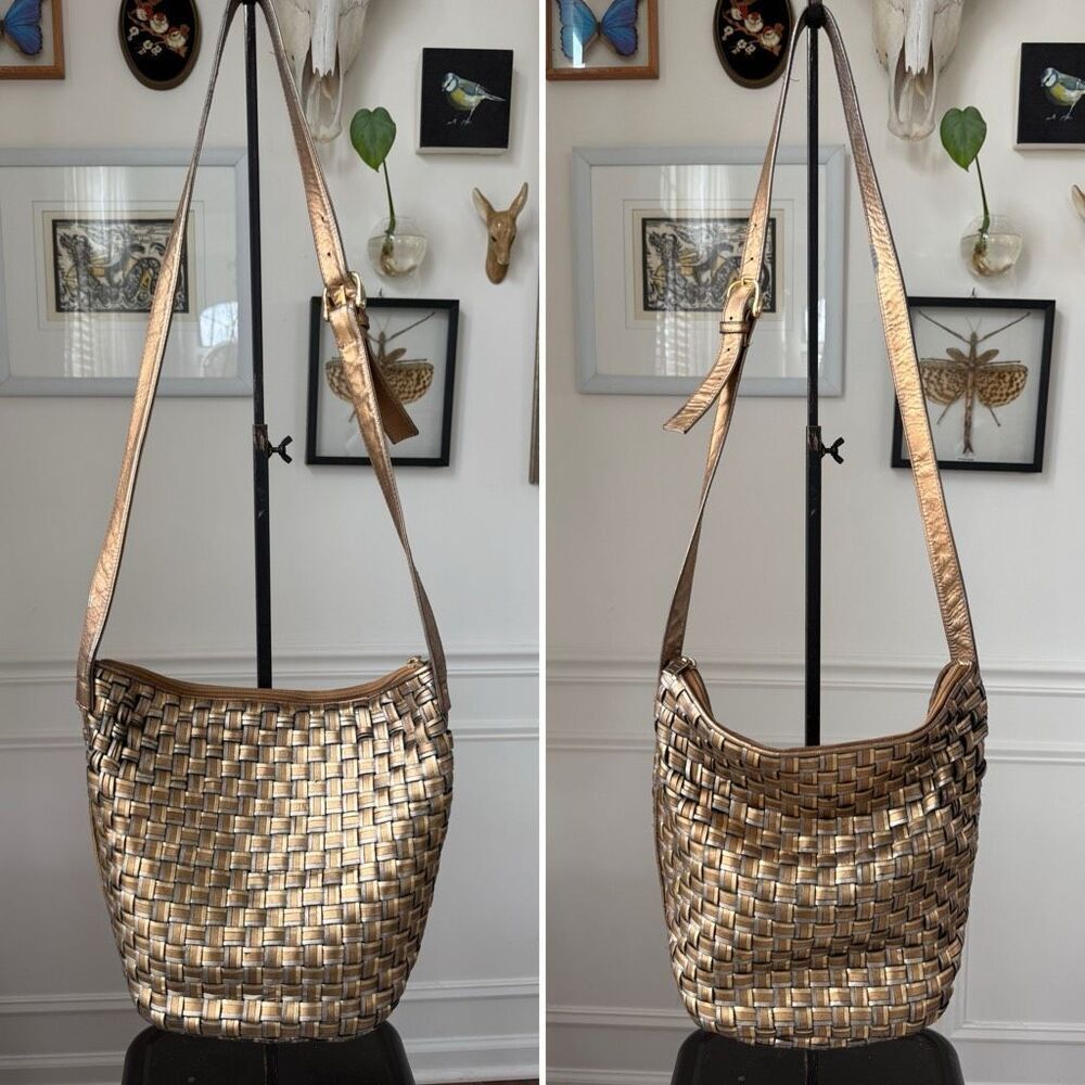 Vintage CEM Bucket Purse Metallic Woven Leather Crossbody Shoulder Strap Brazil